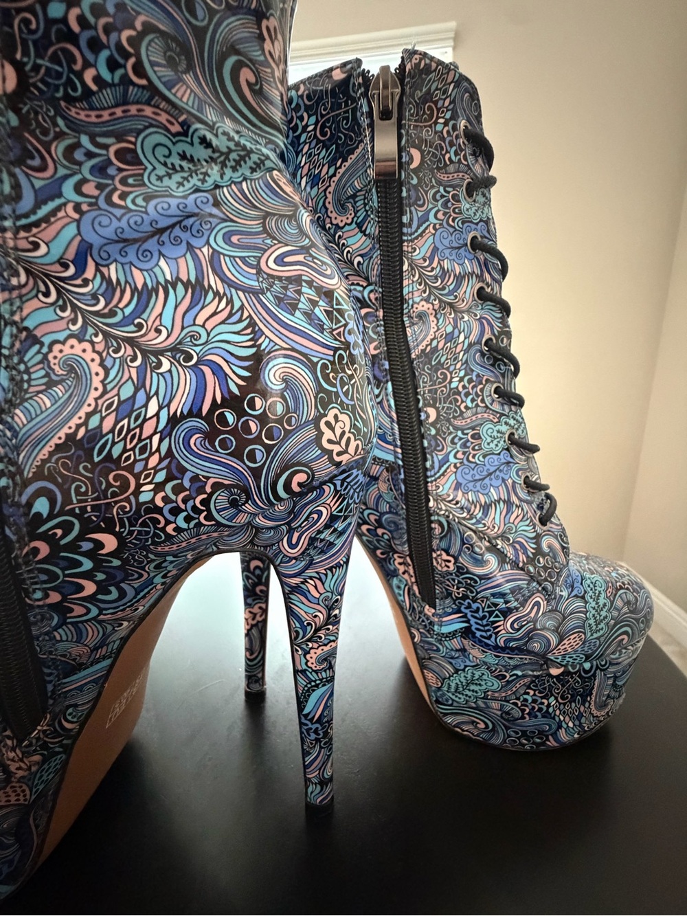 Paisley Platform Lace-Up Stiletto Ankle Boots in Multi Blue